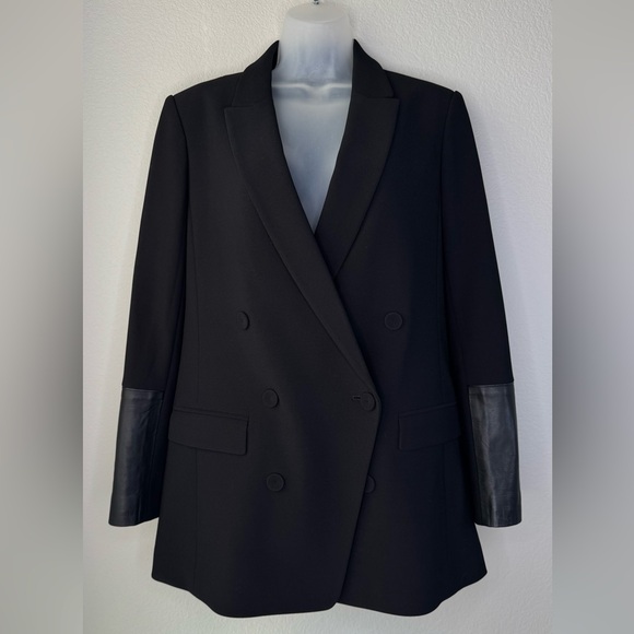 Club Monaco Double‑Breasted Wool‑Blend Blazer Lamb Leather Cuff Sleeves Size 12‎